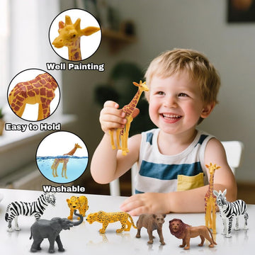 Safari Animals Figures, Plastic Zoo Animals Toys for Toddlers 1-3, Realistic Jungle Animal Figurines for Kids 3-5, 12Pcs Wild African Toys Birthday