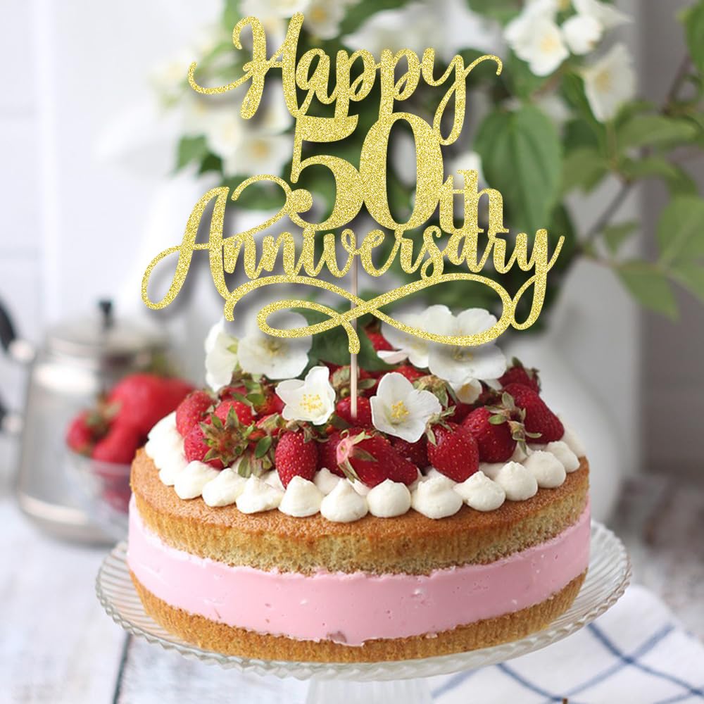 Dxsdgetue Gold Glitter Happy 50th Anniversary Cake Toppers - Wedding Anniversary Party, Company Anniversary Party, 50th Birthday Selected Decorations