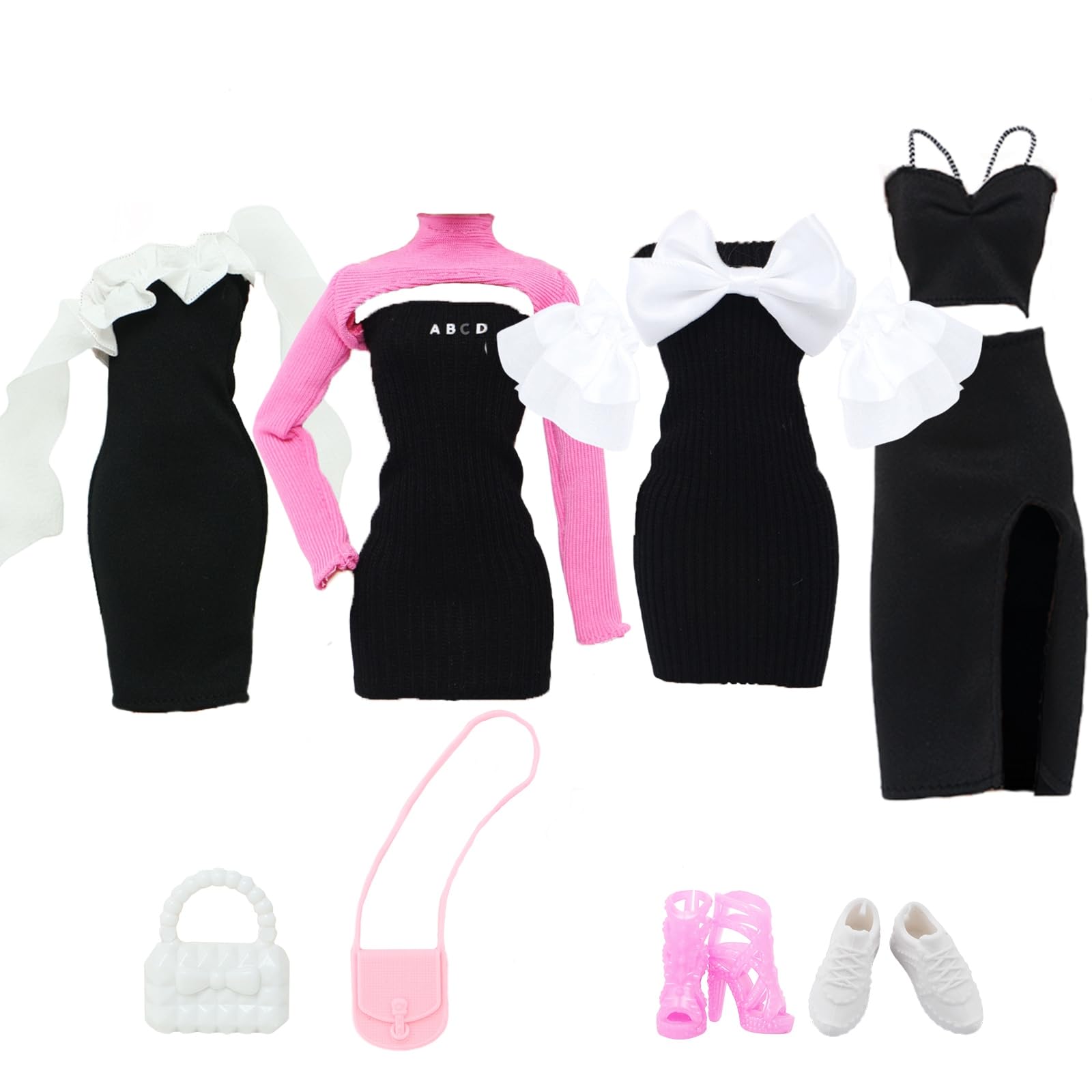 BLIJOLA 4 Sets Doll Clothes for 11.5 inch Girls Dolls, 11Pcs Summer Simple Black Dresses Style Outfits Including Shoes & Bags Clothing Accessories