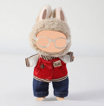 3-Piece 17cm Doll Outfit Set - Transparent Glasses, Baseball Jacket, Denim Pants - Red Sporty Style for Collectible Figures Accessories Clothes (No