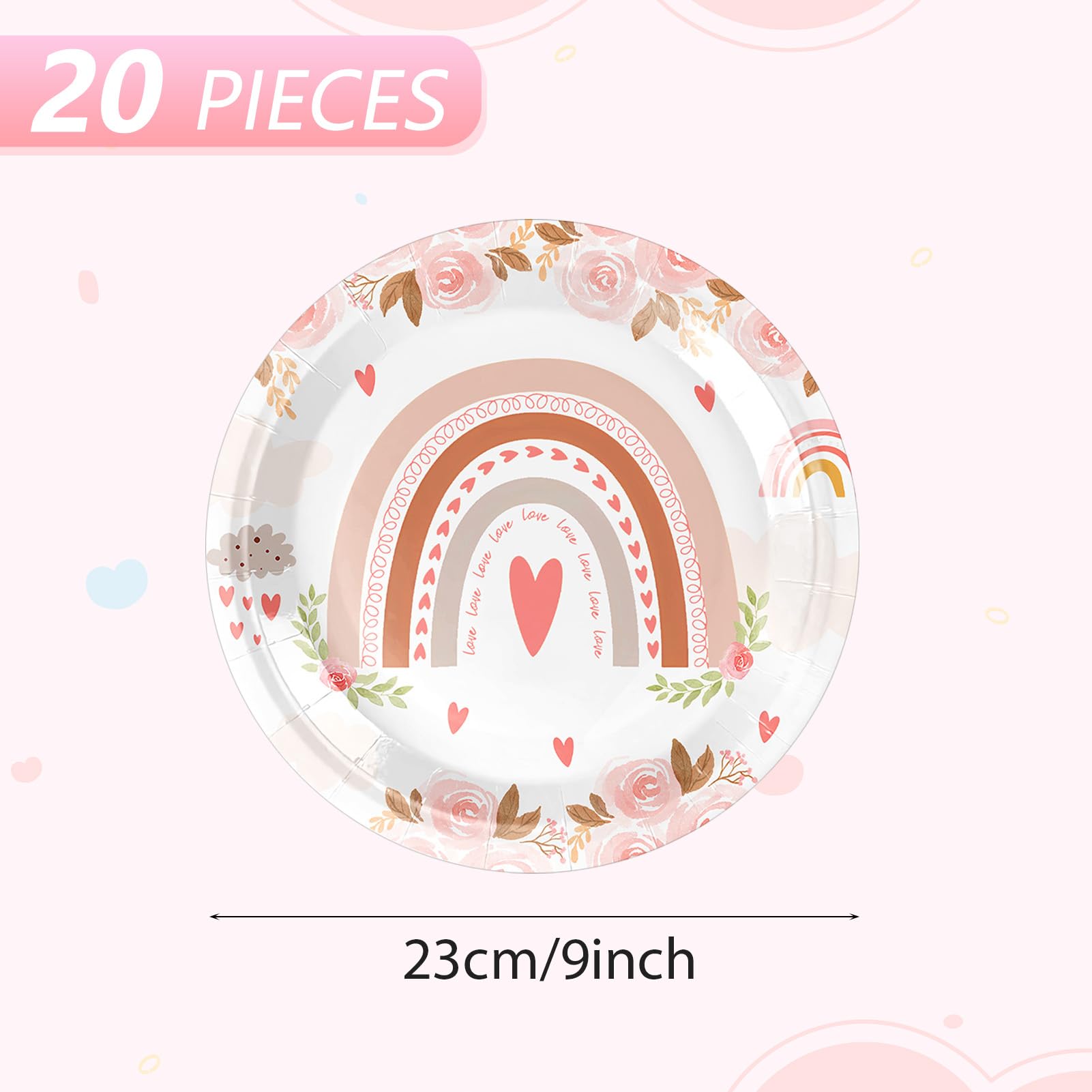 VVBray 20Pcs 9 Inch Boho Rainbow Disposable Plates Boho Themed Party Tableware Party Plate Set Dessert Paper Plates, for Girls Kids Groovy Birthday