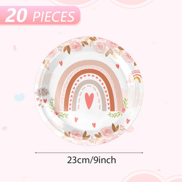VVBray 20Pcs 9 Inch Boho Rainbow Disposable Plates Boho Themed Party Tableware Party Plate Set Dessert Paper Plates, for Girls Kids Groovy Birthday