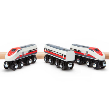 Maxim Enterprise, inc. Wooden Bullet Train, Wooden Train Set of 2 Modern Engines 1 Sleek Passenger Car with Magnetic Connectors, Compatible