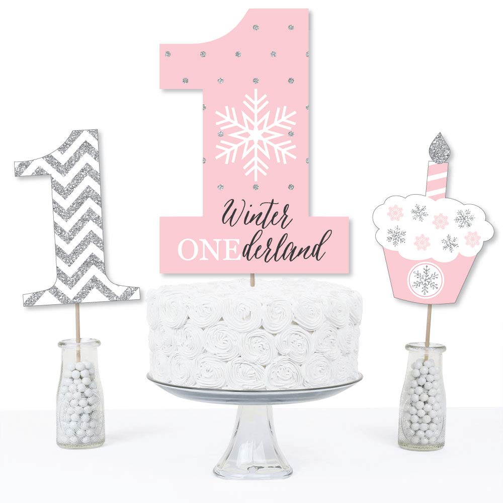 Big Dot of Happiness Pink Onederland - Snowflake Winter Wonderland First Birthday Party Centerpiece Sticks - Table Toppers - Set of 15