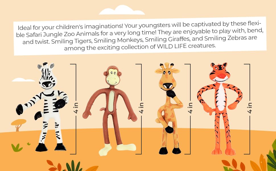 4 Inch Rubbery Bendable Jungle Safari Zoo Animals (12 Pack) Giraffe, Monkey, Zebra and Tiger Flexible Figures Birthday Party Favors Stress Relief