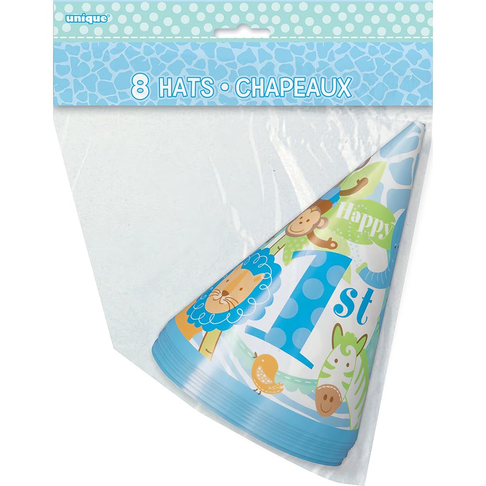 Safari 1st Birthday Party Cone Hats - Blue, 8 Pcs