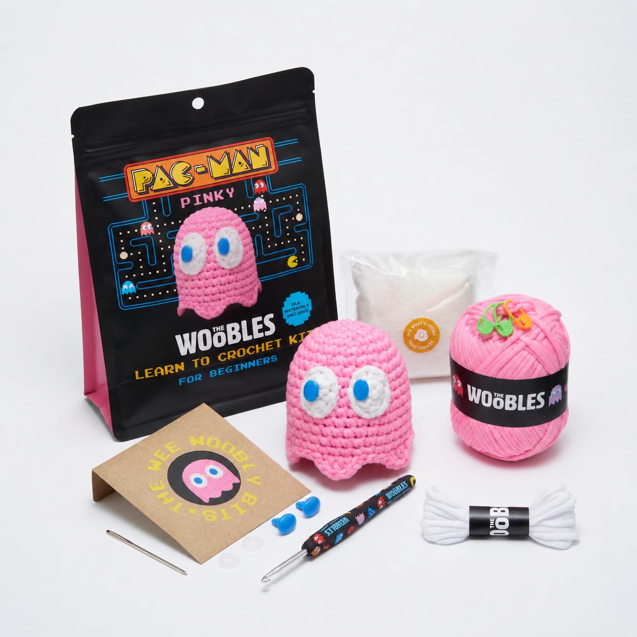 The Woobles Pinky Crochet Kit for Beginners - Officially Licensed PAC-MAN Ghost Amigurumi Kit, As Seen on Shark Tank, 4-in Plush, Ages 12+