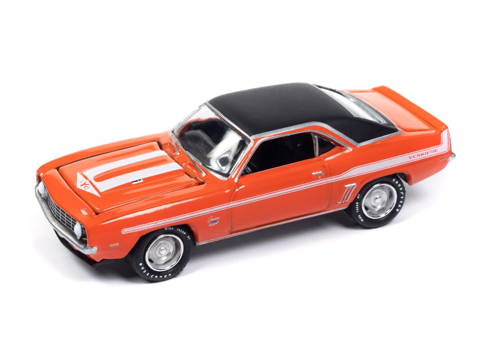 Round 2 1969 Chevy Camaro Hugger Orange with White Stripes Limited Edition to 2496 Pieces Worldwide Hobby Exclusive Series 1/64 Diecast Model Car by