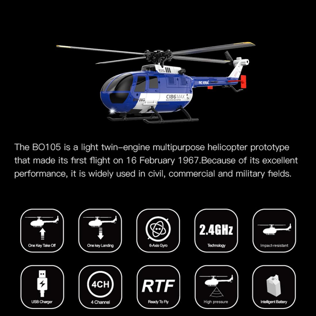 C186MAX BO105 RC Helicopter for Adults, 1:48 2.4G 4CH RTF Single Flybarless Direct-Drive RC Helicopter Outdoor, RC Aircraft Optical Flow Positioning