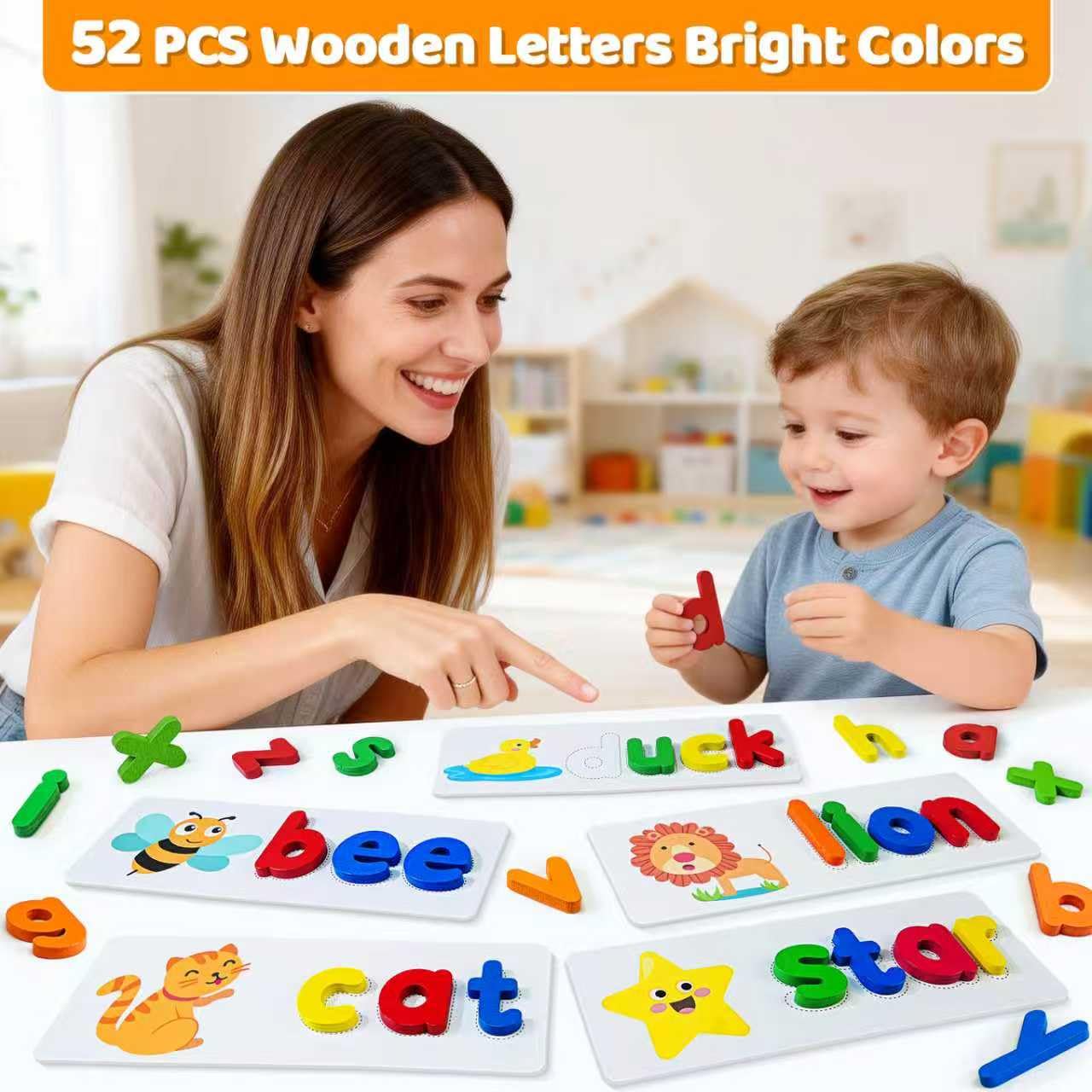 BEESTECH Alphabet ABC Learning Educational Toys for 3 4 5 Years Old Boys Girls, Wooden Puzzle Flash Cards Preschool Activity Letter Matching Games