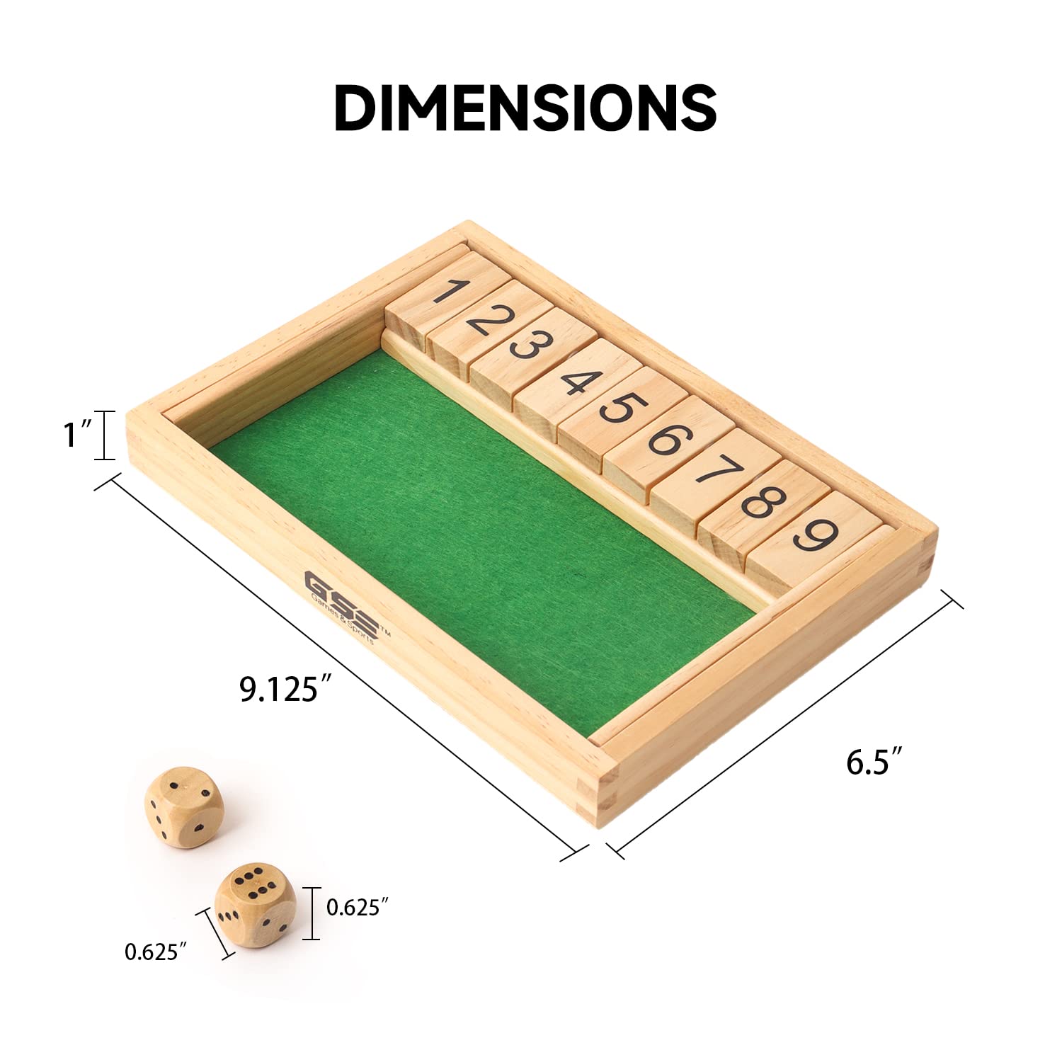 GSE Games & Sports Expert Wooden Shut The Box 9 Number Spots Dice Game Board with 2 Wooden Dice, Classic Tabletop Game Version of The Popular English