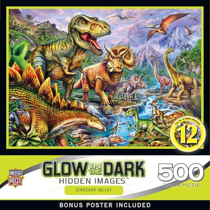 Masterpieces 500 Piece Glow in the Dark Jigsaw Puzzle for Adults, Family, Or Kids - Dinosaur Valley - 15"x21"