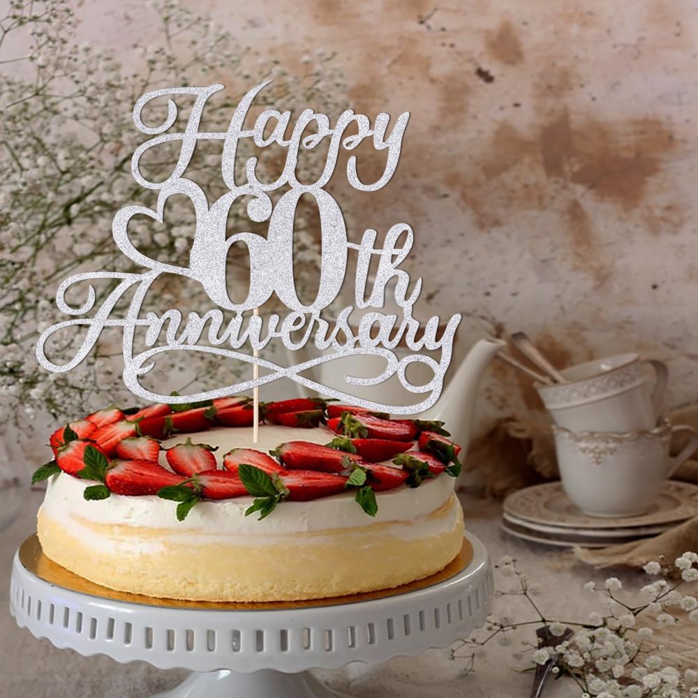 YUINYO Silver Glitter Happy 60th Anniversary Cake Toppers