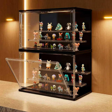 VERSSURE Clear Display Case for Collectibles, 3-Tier Stackable LED Figure Display Case with Magnetic Door, Adjustable Showcase for Models, Miniatures