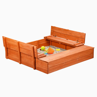 Wooden Outdoor Sandbox with Cover,Sand Box with Foldable Storage Bench Seats and Sand Protection,Kids Play Equipment for Outdoor(47X47Inch