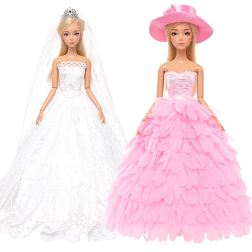 BARWA White Wedding Dress with Veil and Princess Evening Party Clothes Wears Gown Dress Outfit with Hat for 11.5 Inch Girl Doll