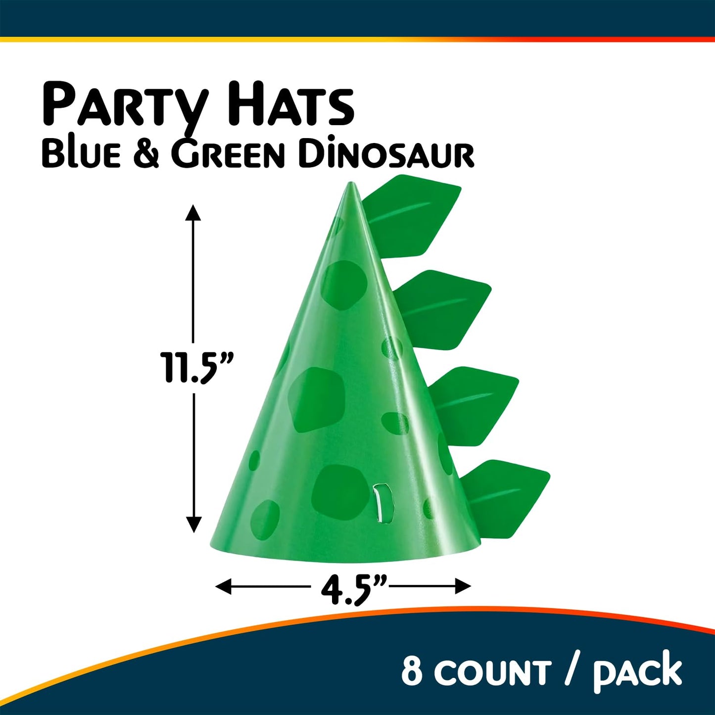Unique Green Cone-Shaped Dinosaur Cardstock Party Hats (Pack of 8) - Perfect for Kids' Birthdays & Dino-Themed Celebrations