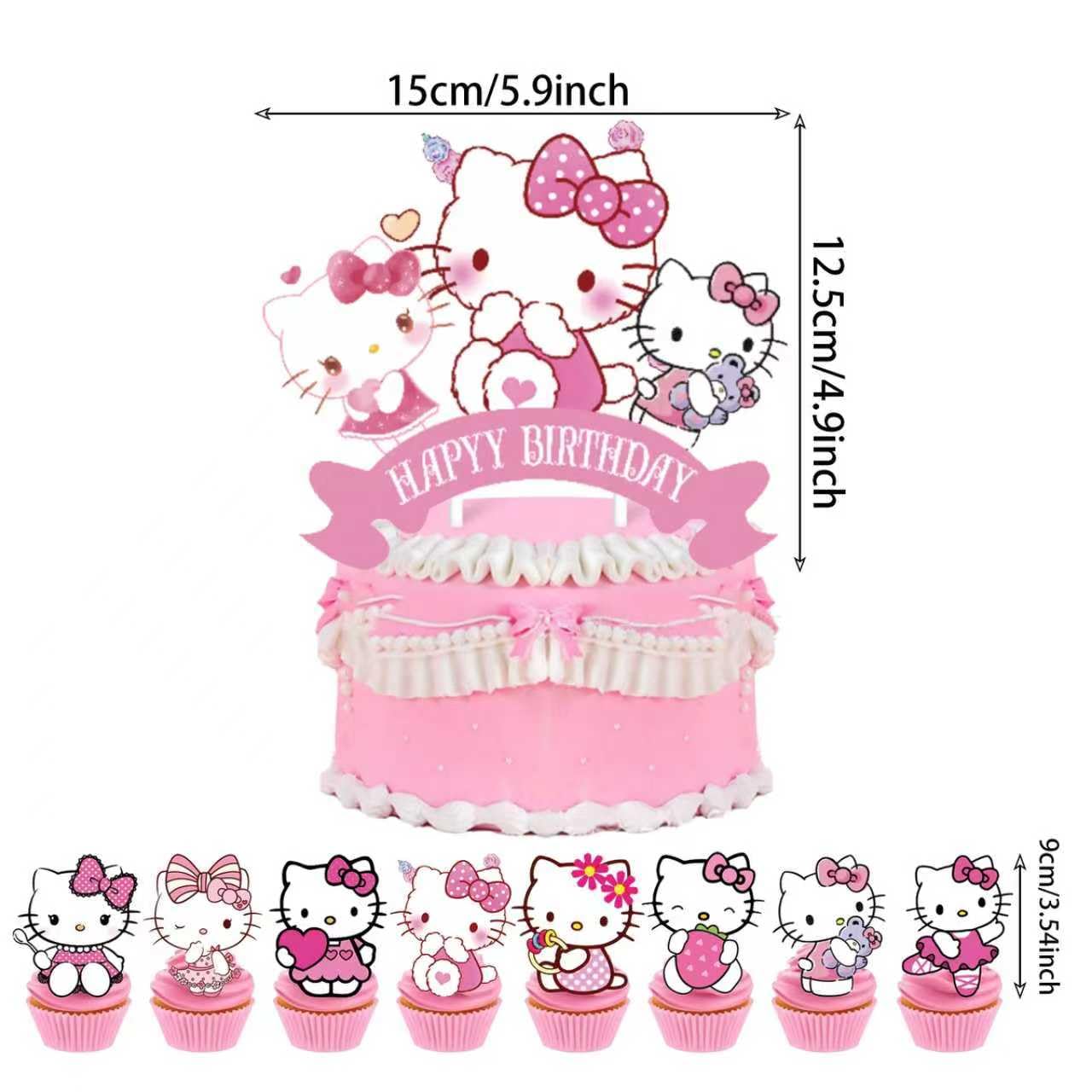 25Pcs Kitty Cake Decorations with 24pcs Cupcake Toppers, 1pcs Happy Birthday Cake Topper, Cartoon Themed Party Supplies, Perfect for Birthday Party
