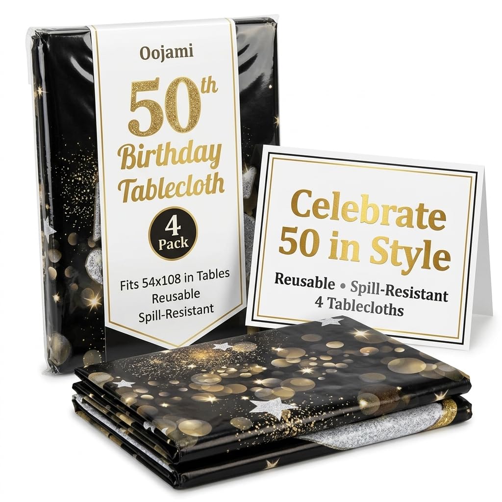 Oojami 4 Pack 50th Birthday Tablecloth, 50th Birthday Table Cloth - Plastic Party Table Covers, Reusable, Spill-Resistant, Fits 54 x 108 Inch