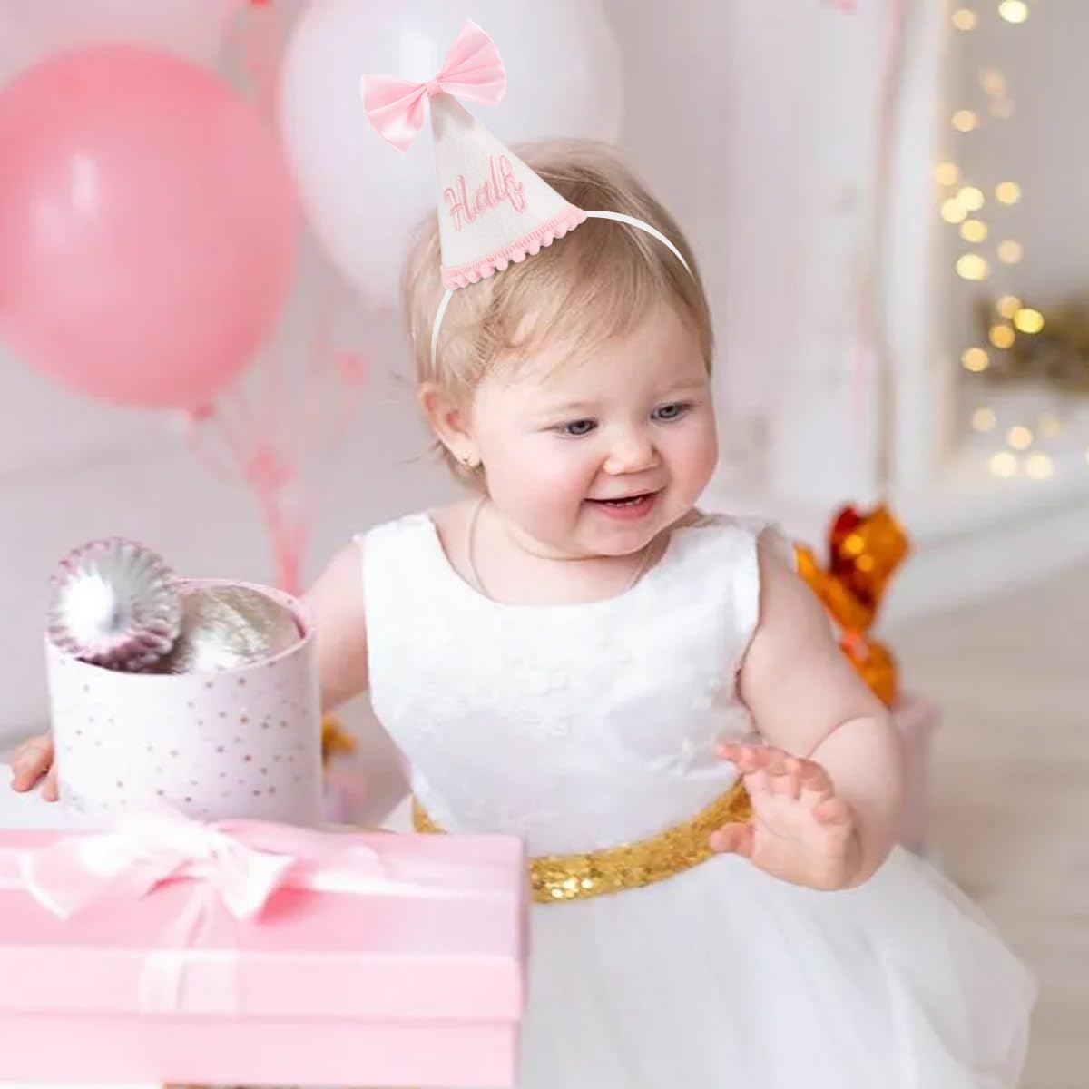 Kaniwati Pink Bow Half Birthday Hat,Bow Girl 1/2 Birthday Hat,Half Decorations for Girls,White and Pink Embroidery (CXMZ-HALF-HDJ)