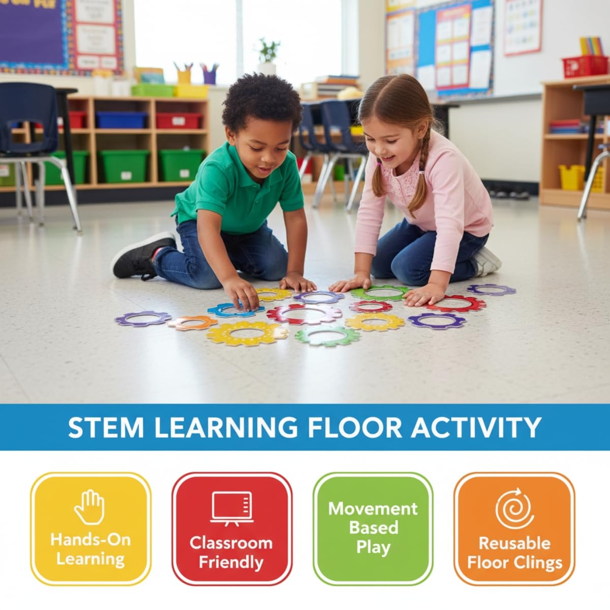 Gear Shaped Stem Floor Clings - 26 Pieces - Educational and Learning Activities for Kids