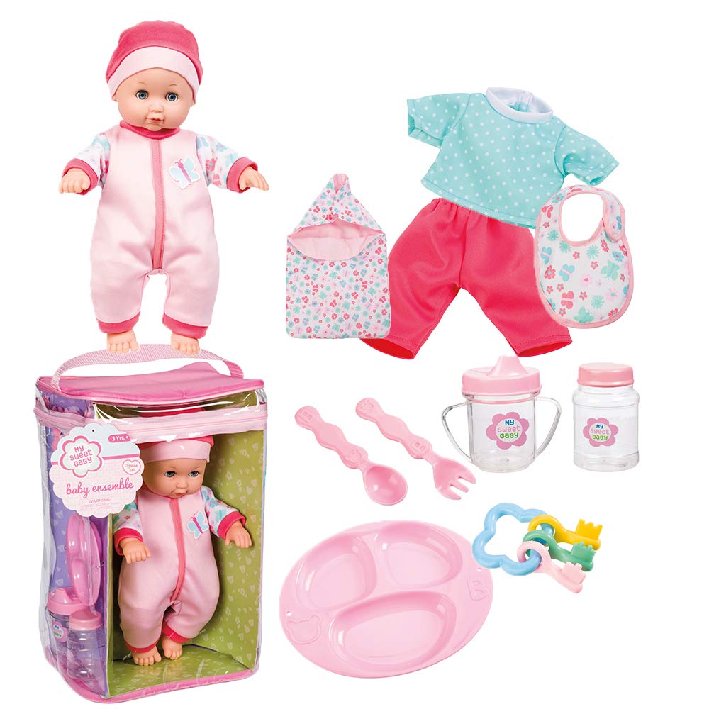 Toysmith Deluxe Baby Ensemble 12- Piece Doll Playset - 11 1/2" soft body doll with change of clothes (clothing may vary)