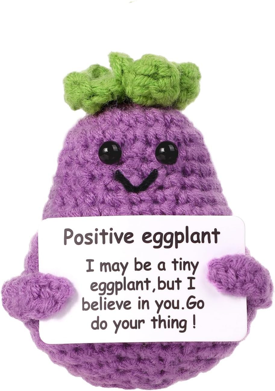 BFYCHYC Handmade Emotional Funny Eggplant Gift, Creative Cute Wool Eggplant Doll with Positive Card, Crochet Gifts, Office and Home Decoration for