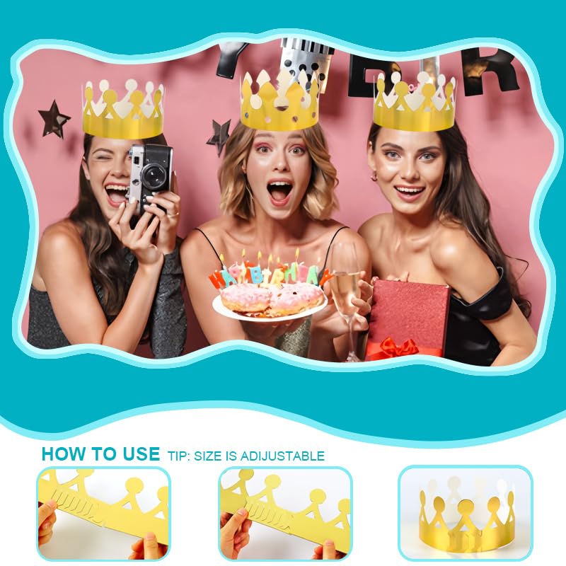 100-Piece Gold Adjustable Paper Crowns with DIY-Size Design, Exclusive for Kids' Birthday Parties & Family Gathering Decorations (Retro Style)