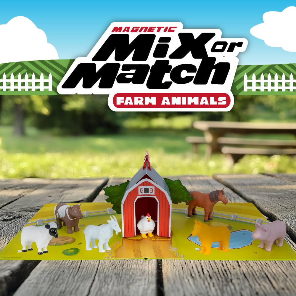 POPULAR PLAYTHINGS Magnetic Animals for Toddlers 1-3, Mini Mix or Match Animal Toys, Set of 7 Gift for Kids - Farm Animals with Pop-up Playmat