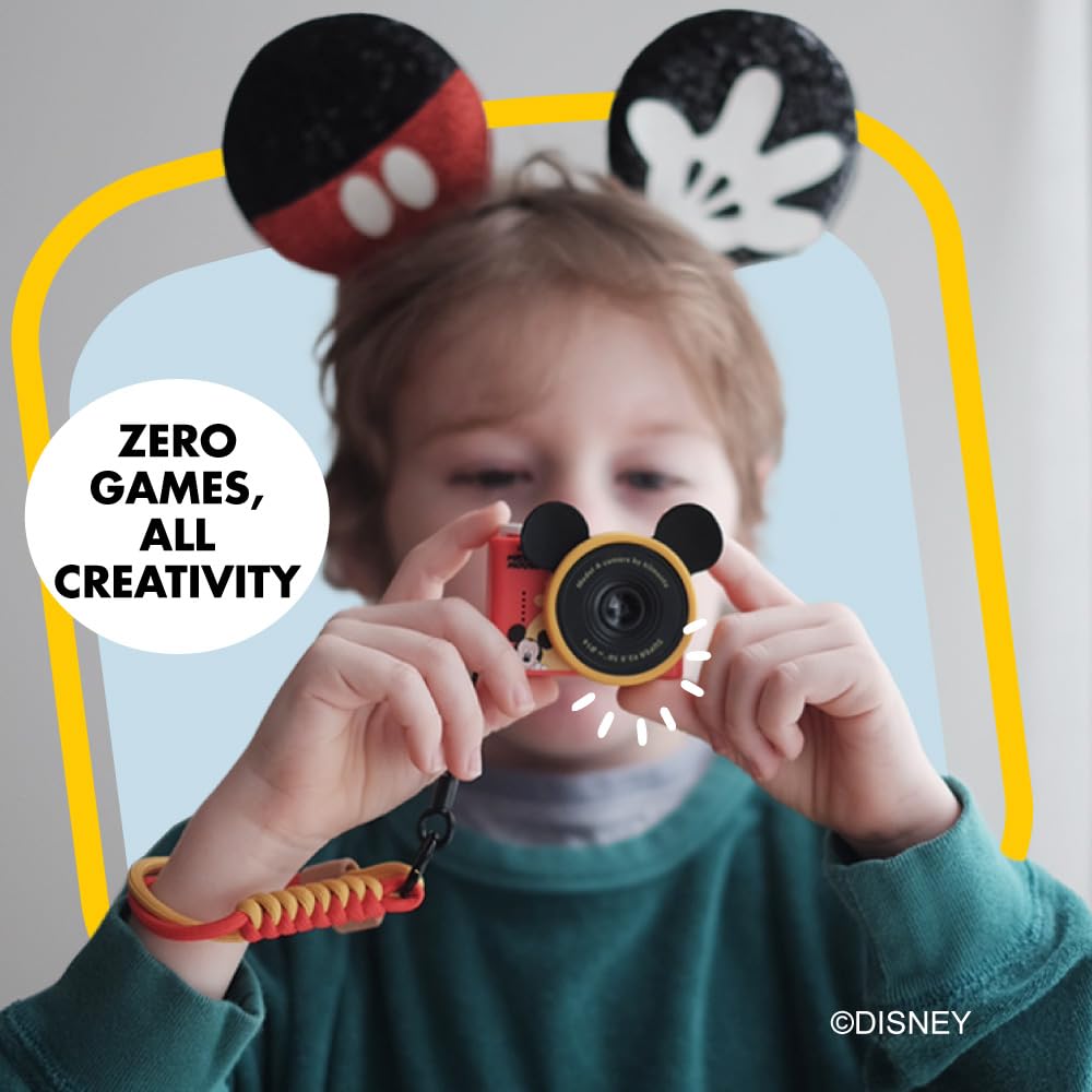 kiimento Ultra-Compact Kids Digital Camera & Video Camcorder for Ages 3-5 with Selfie Lens, 32GB Memory Card, Handmade Strap - Model A (Mickey Mouse)