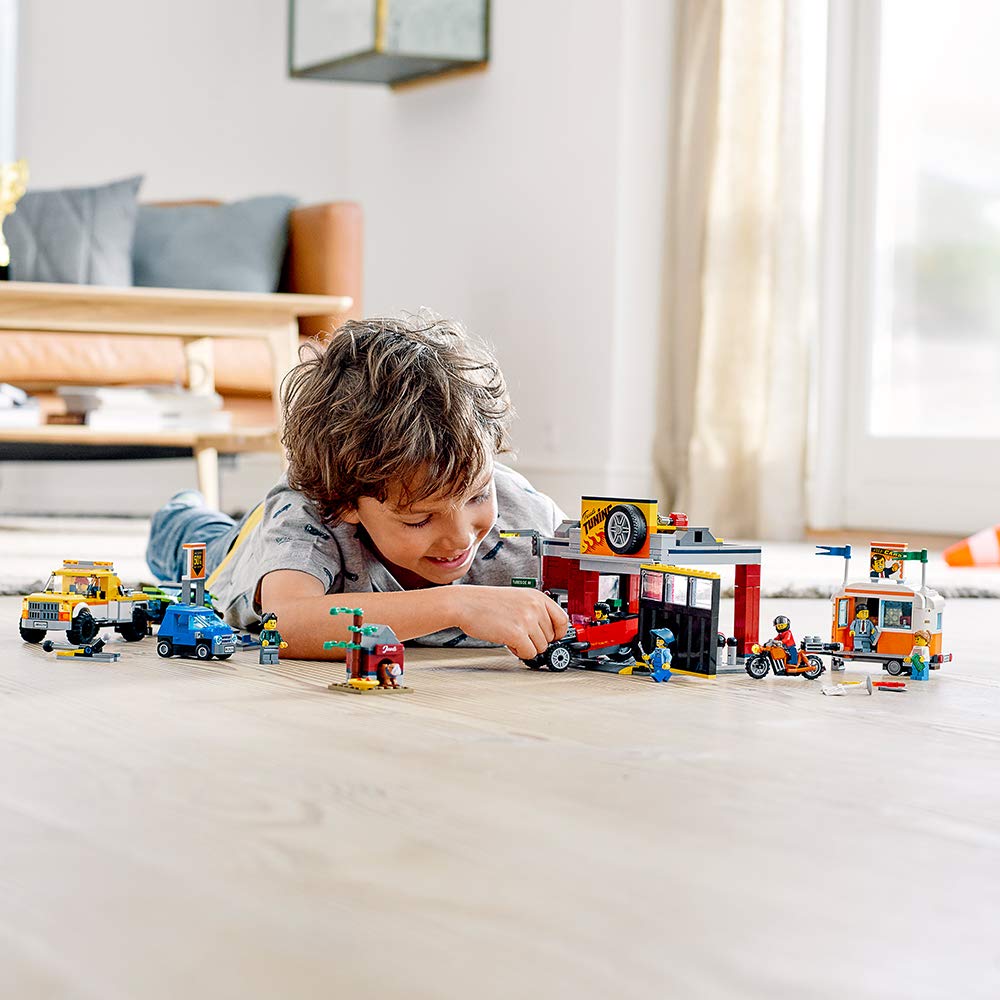 LEGO City Tuning Workshop 60258, Features a Toy Garage, Car Shop, Camping Trailer, Motorcycle, Crane and Tow Truck in One Fun Playset, Makes a Great