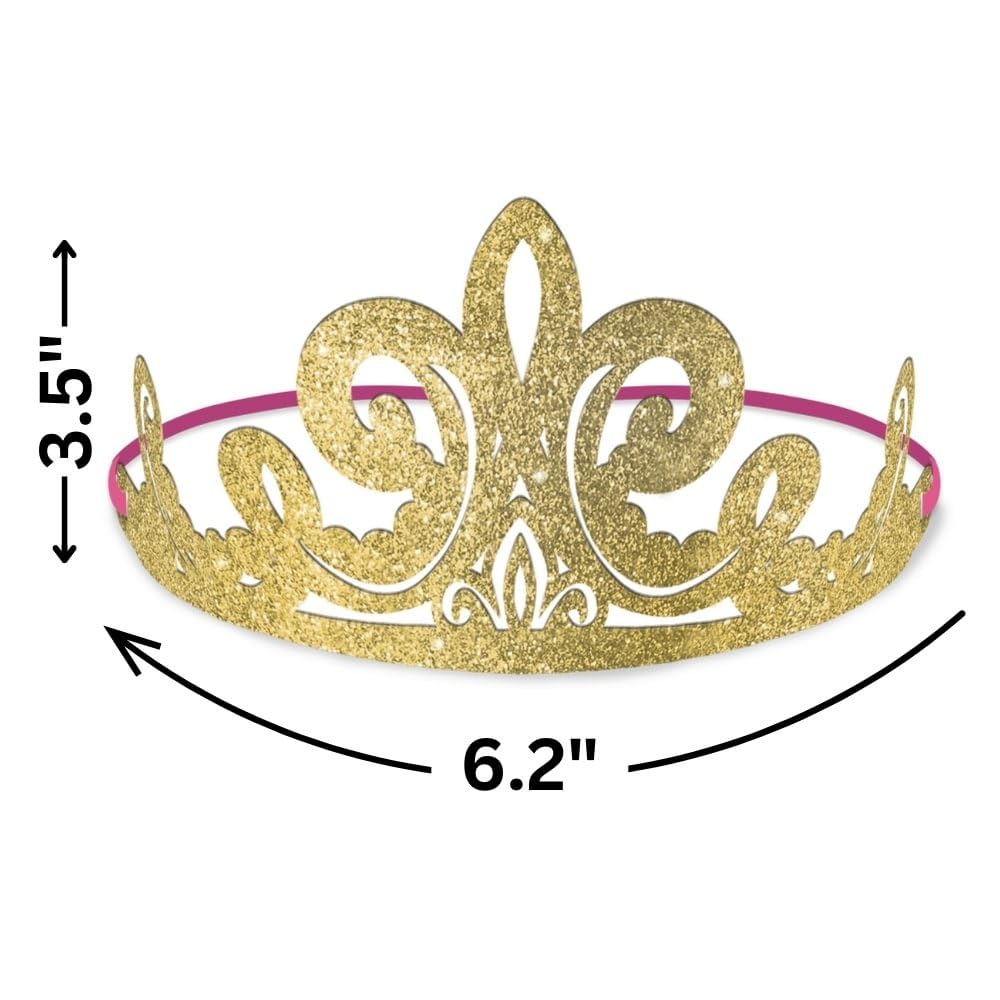 Disney Princess Glitter Paper Tiaras - 3.5" x 6.2" (Pack of 8) - Gold Paper Royalty Crown Accessory, Perfect for Kids Parties and Dress Up Fun