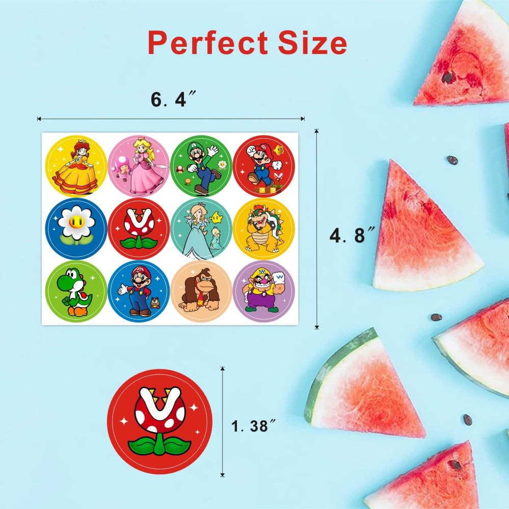 120pcs Mario Round Stickers, Mario Party Supplies for Kids Birthday Decorations - 10 Sheets