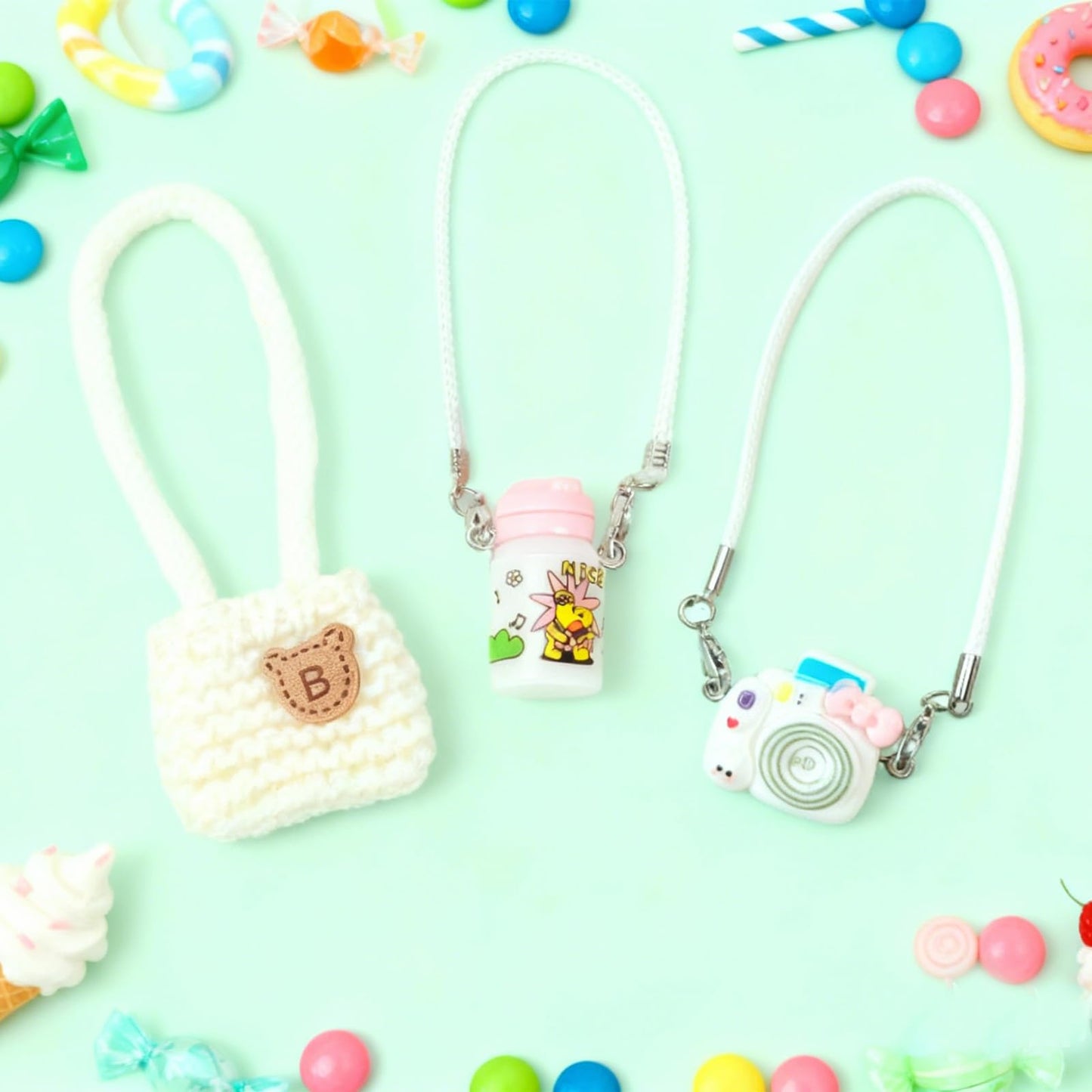 CiuZikGok 3pcs Doll Accessories Set Included White Knitted Bag, Purple Camera Charm & White Water Charm Dress Up Accessories for 17cm Doll, Mini