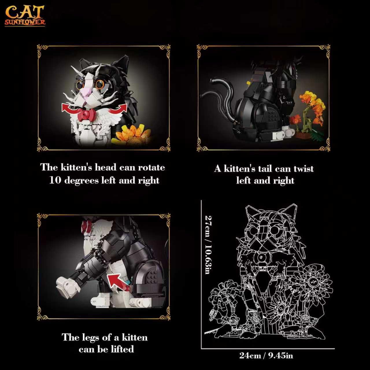 LPPROTECTOR Sunflower Gentle Kitty Building Set for Adults - 1434 Pcs Tuxedo Cat Statue with Rotating Head and Poseable Tail - 3D Tuxedo Kitty Model
