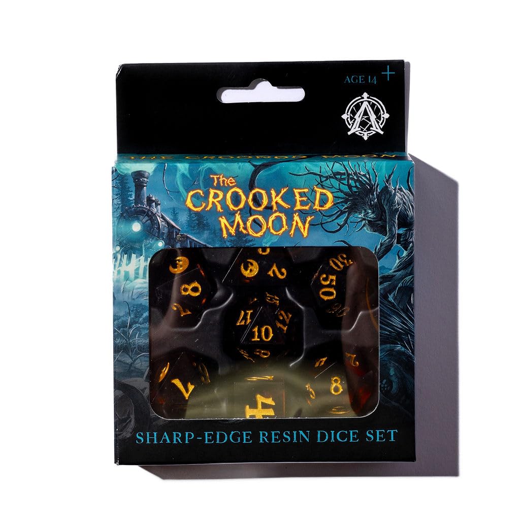 The Crooked Moon Sharp Resin Dice Set - 7-Piece Engraved TTRPG Dice with Golden Moon Design | Premium Polyhedral Dice for Tabletop RPGs & Collectors