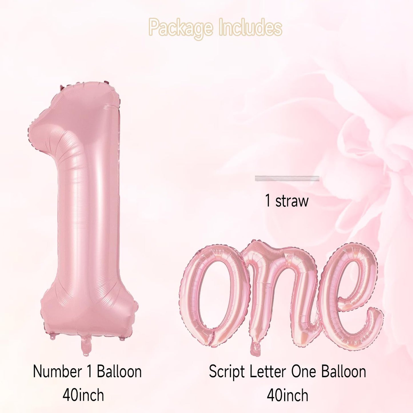 2 Pcs Large Light Pink Number 1 & Script Letter One Balloons