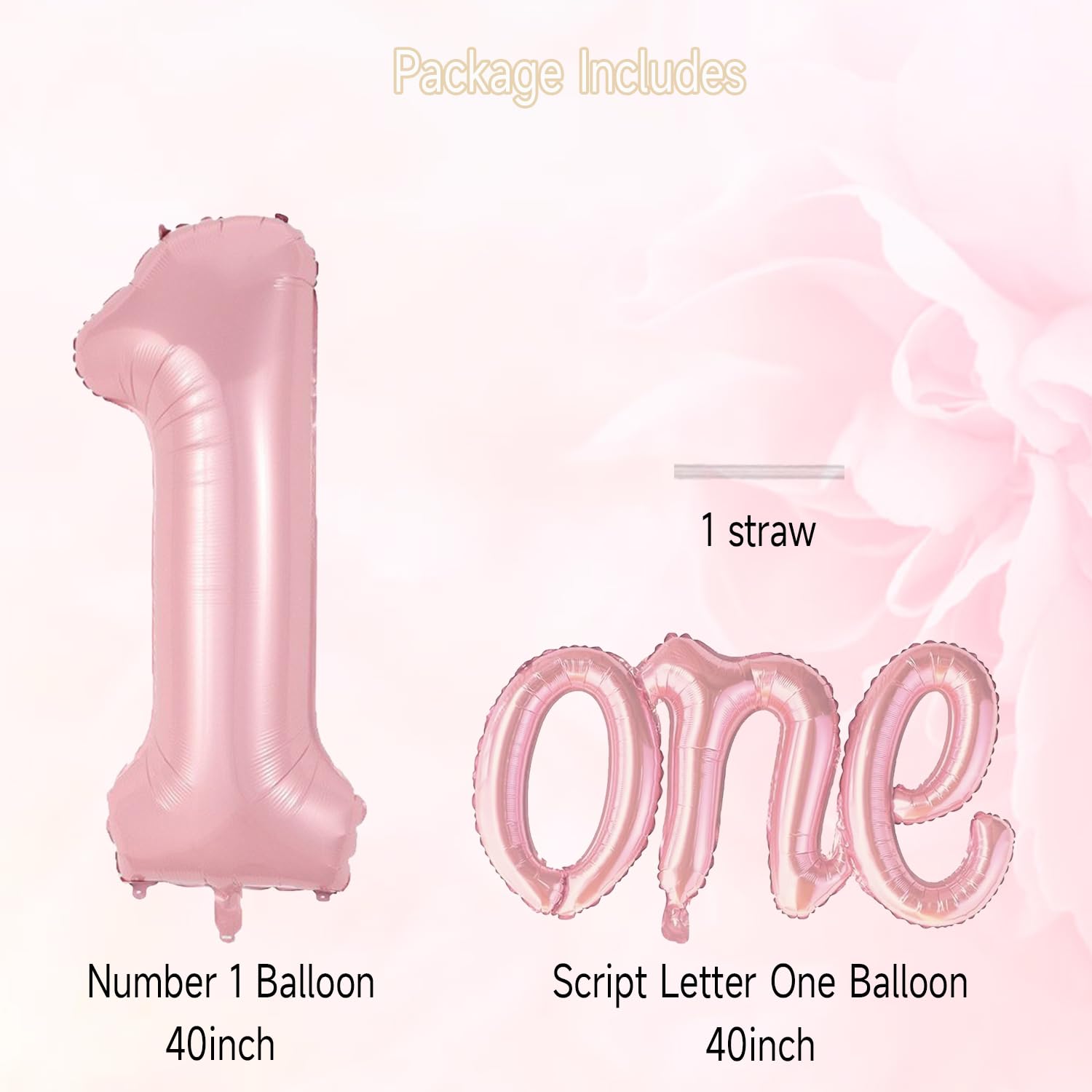 2 Pcs Large Light Pink Number 1 & Script Letter One Balloons