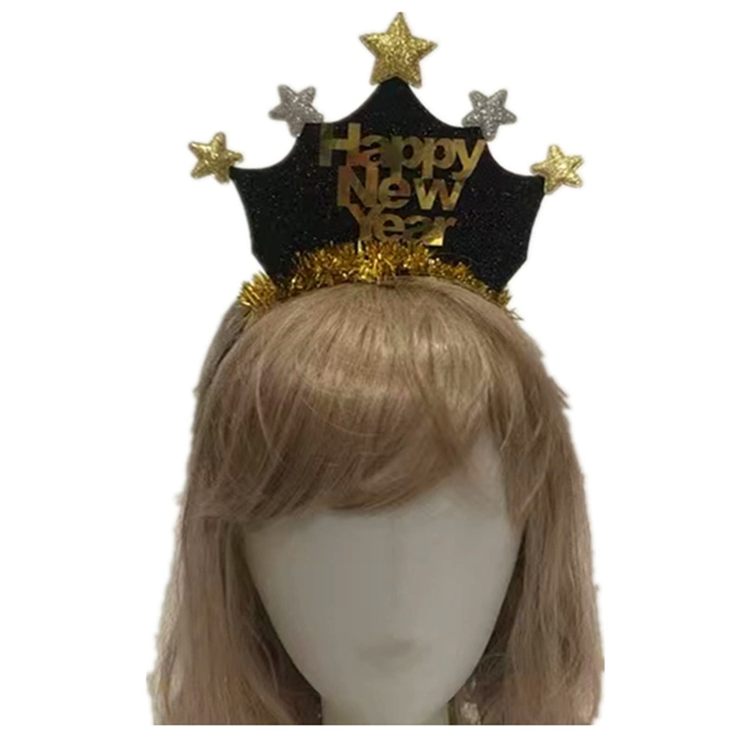 AVMBC Happy New Year Headband Tiara New Years Headband with Star Boppers and Gold Tinsel New Year Eve Holiday Party Decoration Supplies