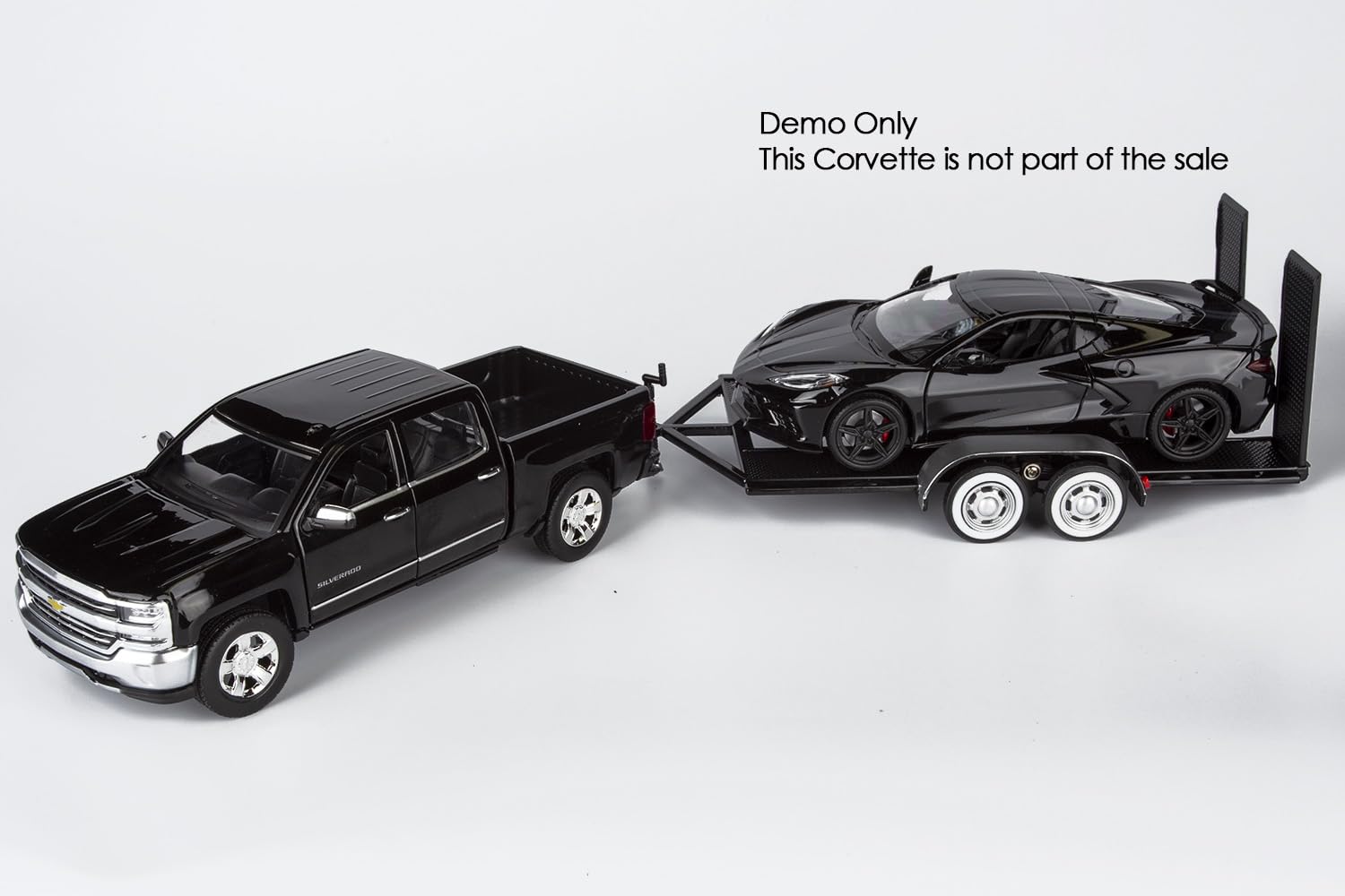 Motormax 2018 Chevy Silverado 1500 LTZ Crew Cab Pickup Truck with a Car Hauler, Truck & Tow Trailer Combo, 1/27 Scale Diecast Model, Black, All Star