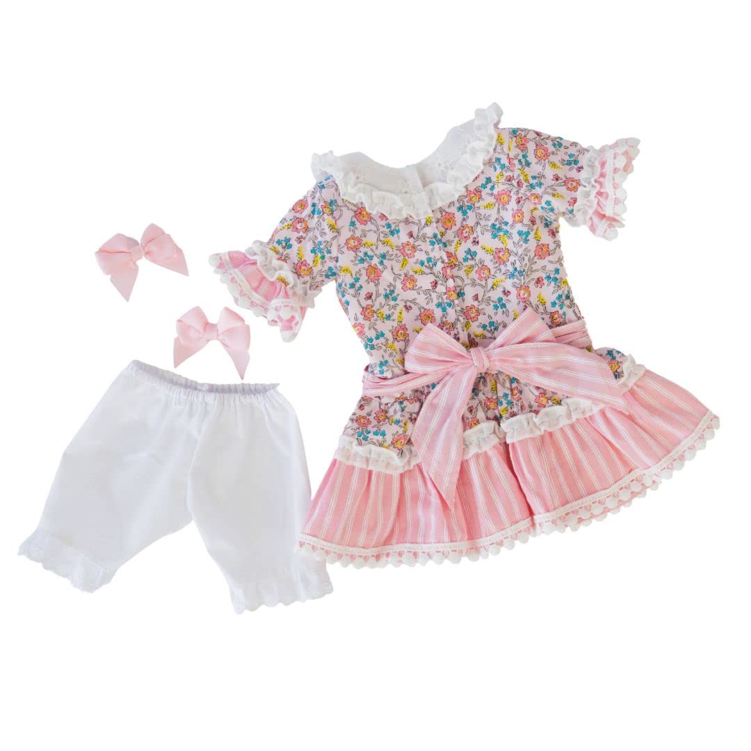 THE QUEEN'S TREASURES 18 Inch Doll Clothes, Little House on The Prairie Pink Floral Dress with Hair Bows, and Pantaloons, Compatible for Use