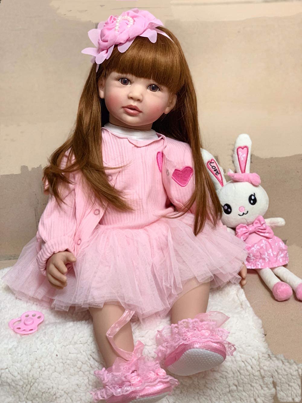 Angelbaby Doll 24 inch Adorable Reborn Toddler Girl with Long Hair That Looks Real Reborn Silicone Baby Dolls Cuddle Toys for Children Doll Sets (Pink