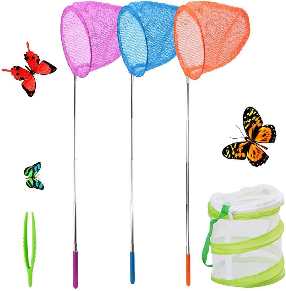 SEISSO Telescopic Butterfly Nets for Kids 3 Packs, Outdoor Explorer Catching Kits Including Catching Nets/Insect Mesh Cage/Tweezer,Great for Catching