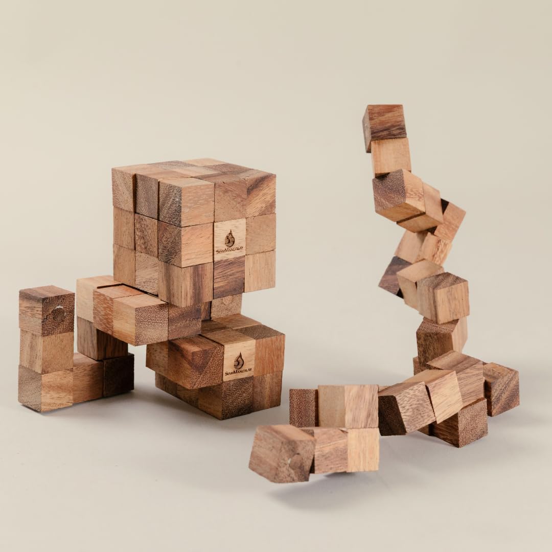 SiamMandalay Snake Cube Puzzle: Wooden 3D Brainteaser Puzzle for Adults STEM Skill Builder Interlocking Game, Educational Problem-Solving Game