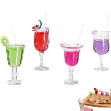 4Pcs Miniature Dollhouse Beverage Set, 1:12 Scale Mini Miniature BottlesResin Wine and Juice Bottles with Cocktail Cups, Mini Food Mini House Drink