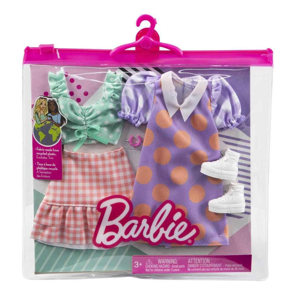 Barbie Fashions 2-Pack Clothing Set, 2 Outfits Doll Include Polka Dot Blouse & Gingham Skirt, Polka Dot Dress & 2 Accessories