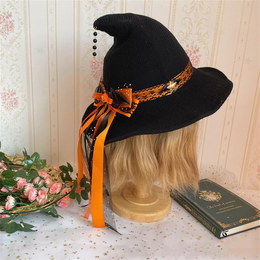 Cntqiang Lolita Halloween Witch Hat with Big Bowknot for Women Foldable Pointed Cap Costum for Christmas Cosplay Party(Orange)