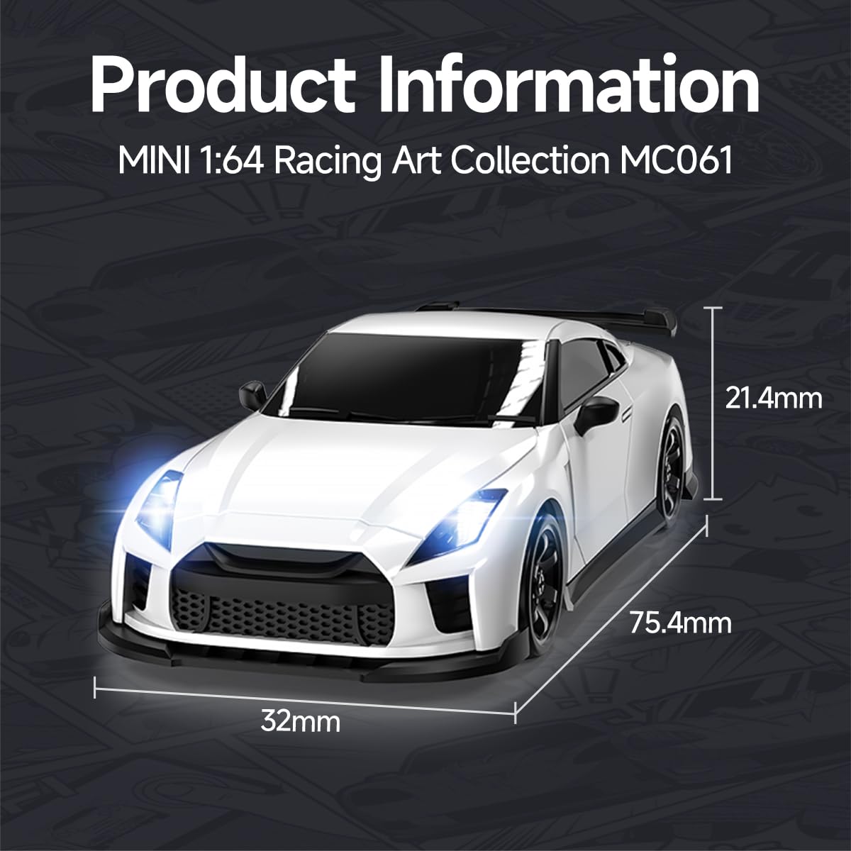 MCARRO 1/64 Scale RC Drift Car - 2.4GHz Half-Scale Remote Control 4WD High-Speed Mini Remote Control Car with Racing Lights (White)