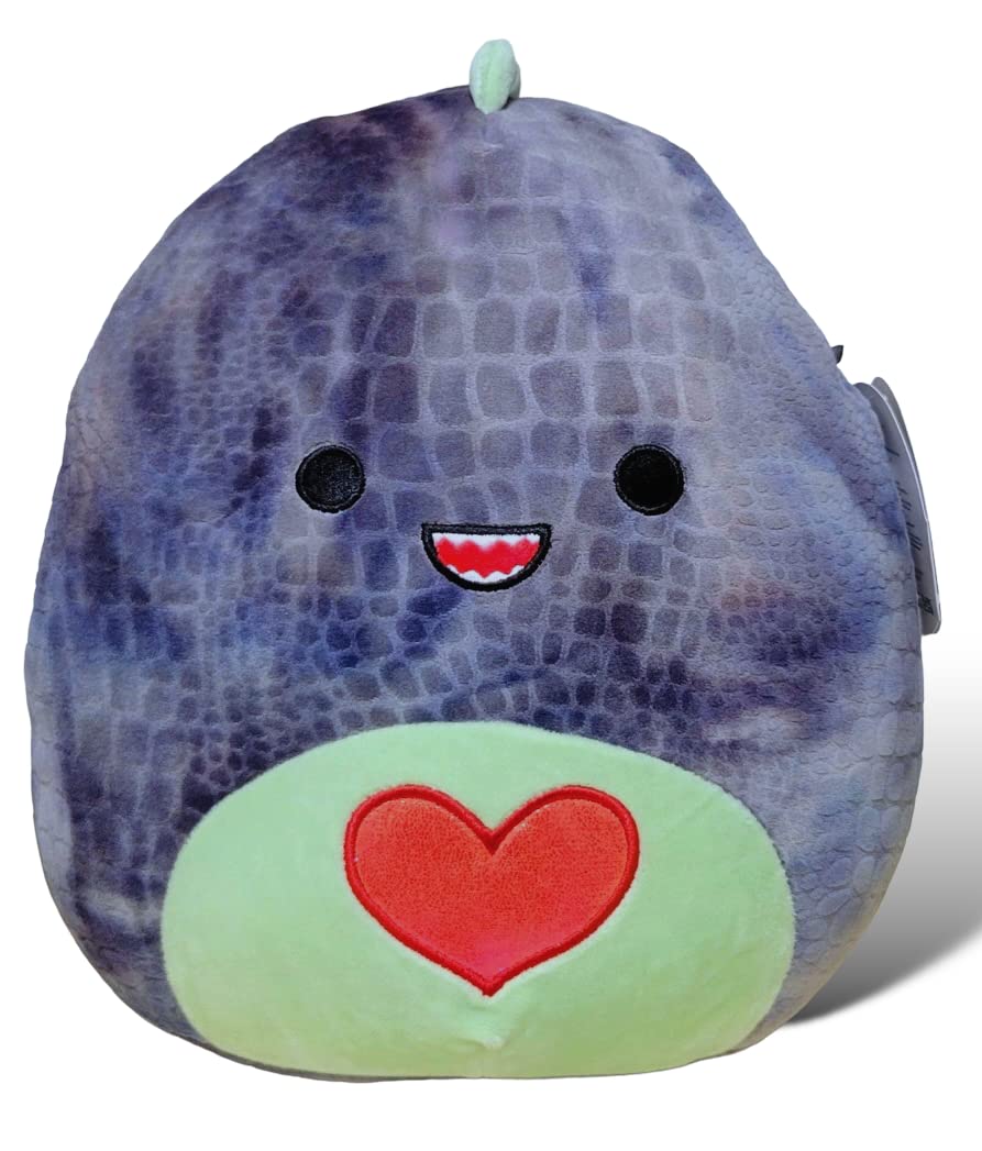 Squishmallows Official Kellytoy Xander Dinosaur 11 Inch Gray Tie-Dye Plush with Red Heat On Green Belly - 2023 Valentine’s Squad Stuffed Animal Toy
