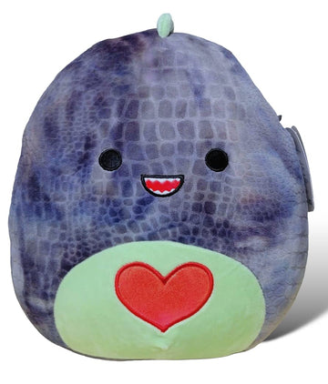 Squishmallows Official Kellytoy Xander Dinosaur 11 Inch Gray Tie-Dye Plush with Red Heat On Green Belly - 2023 Valentine’s Squad Stuffed Animal Toy